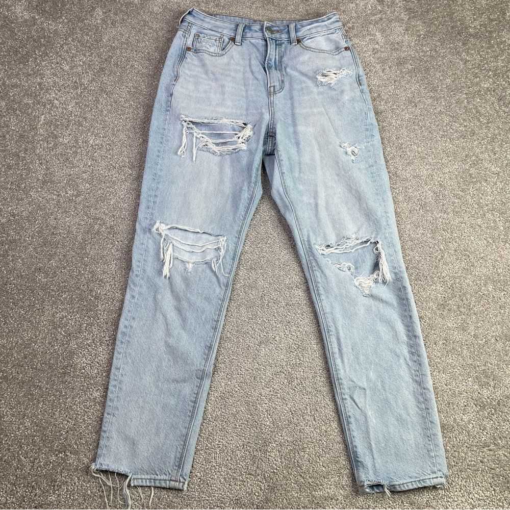 American Eagle Mom Jeans Women's 0 Blue Tapered High Rise Light Wish Torn